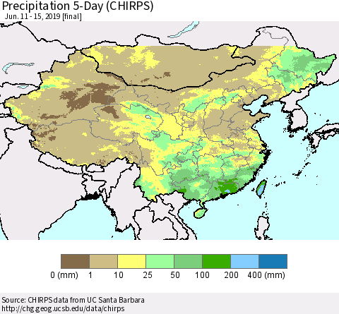 China and Taiwan Precipitation 5-Day (CHIRPS) Thematic Map For 6/11/2019 - 6/15/2019