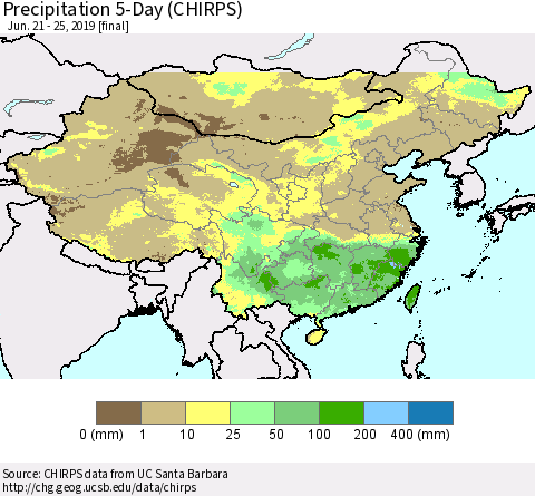 China and Taiwan Precipitation 5-Day (CHIRPS) Thematic Map For 6/21/2019 - 6/25/2019