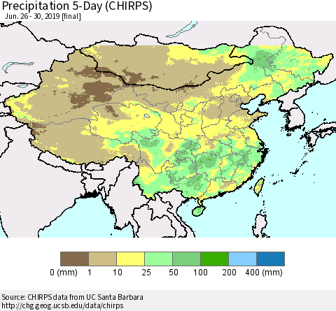 China and Taiwan Precipitation 5-Day (CHIRPS) Thematic Map For 6/26/2019 - 6/30/2019