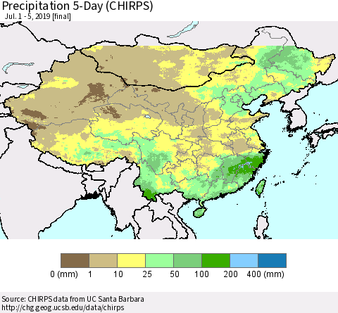 China and Taiwan Precipitation 5-Day (CHIRPS) Thematic Map For 7/1/2019 - 7/5/2019