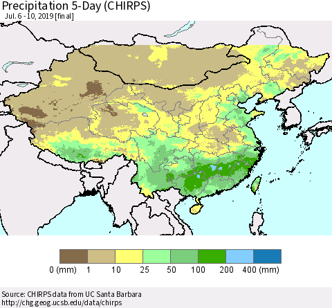 China and Taiwan Precipitation 5-Day (CHIRPS) Thematic Map For 7/6/2019 - 7/10/2019
