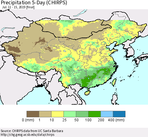 China and Taiwan Precipitation 5-Day (CHIRPS) Thematic Map For 7/11/2019 - 7/15/2019