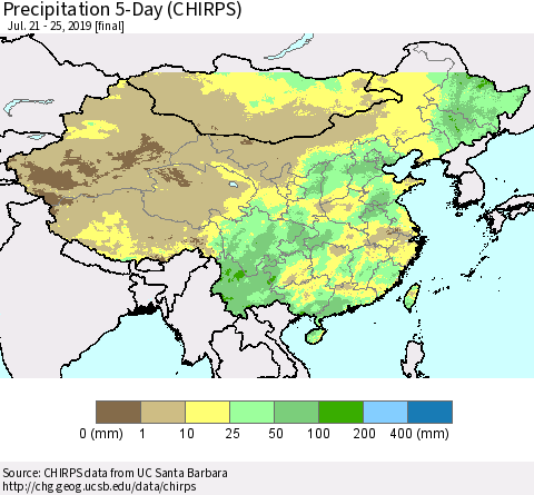 China and Taiwan Precipitation 5-Day (CHIRPS) Thematic Map For 7/21/2019 - 7/25/2019