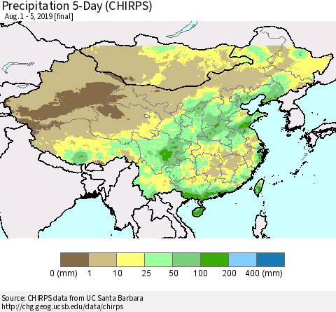 China and Taiwan Precipitation 5-Day (CHIRPS) Thematic Map For 8/1/2019 - 8/5/2019