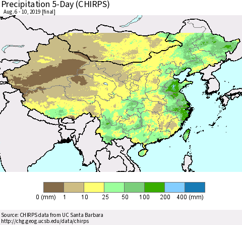 China and Taiwan Precipitation 5-Day (CHIRPS) Thematic Map For 8/6/2019 - 8/10/2019