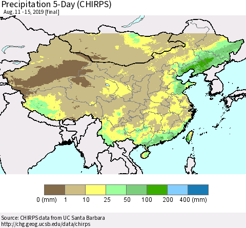 China and Taiwan Precipitation 5-Day (CHIRPS) Thematic Map For 8/11/2019 - 8/15/2019