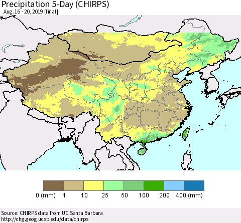 China, Mongolia and Taiwan Precipitation 5-Day (CHIRPS) Thematic Map For 8/16/2019 - 8/20/2019