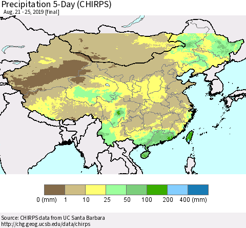 China and Taiwan Precipitation 5-Day (CHIRPS) Thematic Map For 8/21/2019 - 8/25/2019