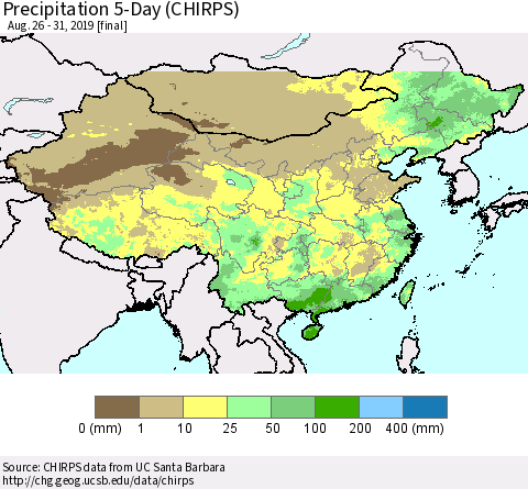 China and Taiwan Precipitation 5-Day (CHIRPS) Thematic Map For 8/26/2019 - 8/31/2019