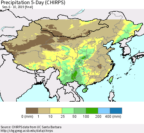 China, Mongolia and Taiwan Precipitation 5-Day (CHIRPS) Thematic Map For 9/6/2019 - 9/10/2019