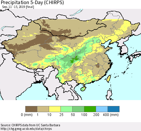 China and Taiwan Precipitation 5-Day (CHIRPS) Thematic Map For 9/11/2019 - 9/15/2019