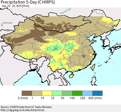 China and Taiwan Precipitation 5-Day (CHIRPS) Thematic Map For 9/16/2019 - 9/20/2019