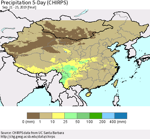 China and Taiwan Precipitation 5-Day (CHIRPS) Thematic Map For 9/21/2019 - 9/25/2019