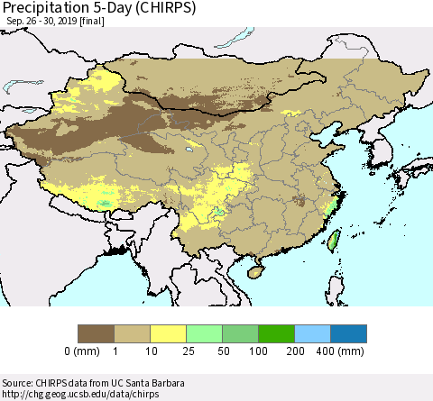 China, Mongolia and Taiwan Precipitation 5-Day (CHIRPS) Thematic Map For 9/26/2019 - 9/30/2019