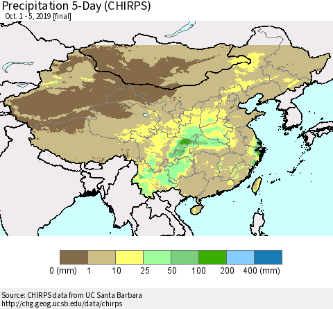 China and Taiwan Precipitation 5-Day (CHIRPS) Thematic Map For 10/1/2019 - 10/5/2019