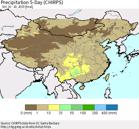 China and Taiwan Precipitation 5-Day (CHIRPS) Thematic Map For 10/16/2019 - 10/20/2019