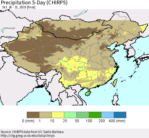 China and Taiwan Precipitation 5-Day (CHIRPS) Thematic Map For 10/26/2019 - 10/31/2019