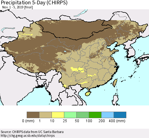 China, Mongolia and Taiwan Precipitation 5-Day (CHIRPS) Thematic Map For 11/1/2019 - 11/5/2019
