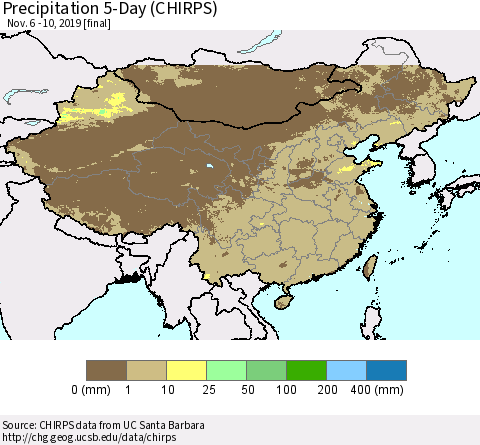 China, Mongolia and Taiwan Precipitation 5-Day (CHIRPS) Thematic Map For 11/6/2019 - 11/10/2019
