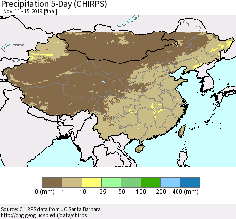 China, Mongolia and Taiwan Precipitation 5-Day (CHIRPS) Thematic Map For 11/11/2019 - 11/15/2019