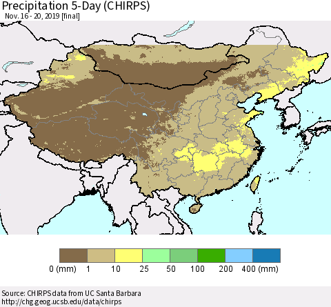 China, Mongolia and Taiwan Precipitation 5-Day (CHIRPS) Thematic Map For 11/16/2019 - 11/20/2019