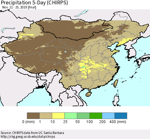 China, Mongolia and Taiwan Precipitation 5-Day (CHIRPS) Thematic Map For 11/21/2019 - 11/25/2019
