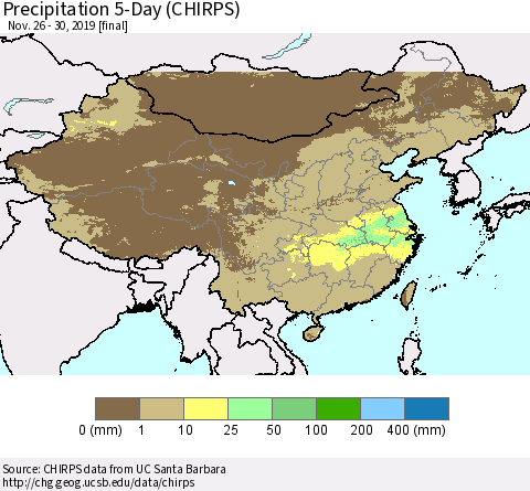 China, Mongolia and Taiwan Precipitation 5-Day (CHIRPS) Thematic Map For 11/26/2019 - 11/30/2019