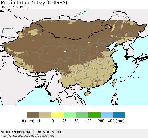 China, Mongolia and Taiwan Precipitation 5-Day (CHIRPS) Thematic Map For 12/1/2019 - 12/5/2019
