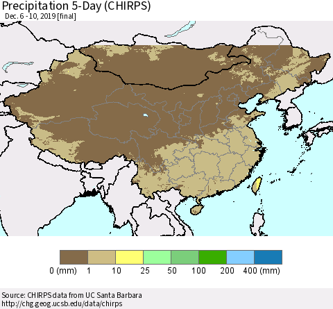 China, Mongolia and Taiwan Precipitation 5-Day (CHIRPS) Thematic Map For 12/6/2019 - 12/10/2019