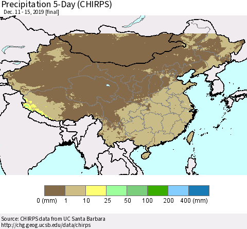 China, Mongolia and Taiwan Precipitation 5-Day (CHIRPS) Thematic Map For 12/11/2019 - 12/15/2019