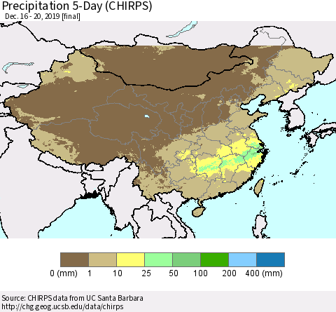 China, Mongolia and Taiwan Precipitation 5-Day (CHIRPS) Thematic Map For 12/16/2019 - 12/20/2019