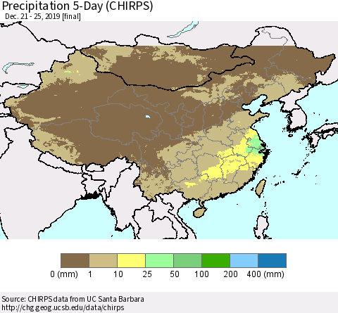 China, Mongolia and Taiwan Precipitation 5-Day (CHIRPS) Thematic Map For 12/21/2019 - 12/25/2019