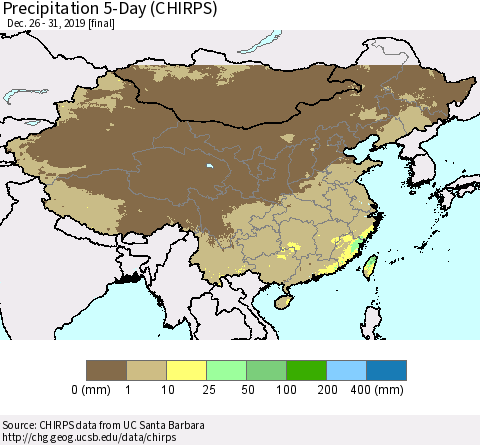 China, Mongolia and Taiwan Precipitation 5-Day (CHIRPS) Thematic Map For 12/26/2019 - 12/31/2019