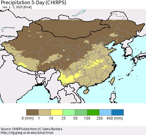 China, Mongolia and Taiwan Precipitation 5-Day (CHIRPS) Thematic Map For 1/1/2020 - 1/5/2020