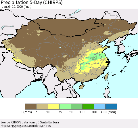 China, Mongolia and Taiwan Precipitation 5-Day (CHIRPS) Thematic Map For 1/6/2020 - 1/10/2020