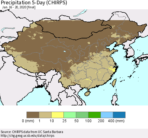 China, Mongolia and Taiwan Precipitation 5-Day (CHIRPS) Thematic Map For 1/16/2020 - 1/20/2020