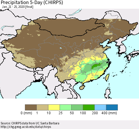China, Mongolia and Taiwan Precipitation 5-Day (CHIRPS) Thematic Map For 1/21/2020 - 1/25/2020