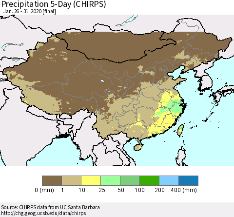 China, Mongolia and Taiwan Precipitation 5-Day (CHIRPS) Thematic Map For 1/26/2020 - 1/31/2020
