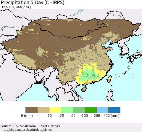 China, Mongolia and Taiwan Precipitation 5-Day (CHIRPS) Thematic Map For 2/1/2020 - 2/5/2020