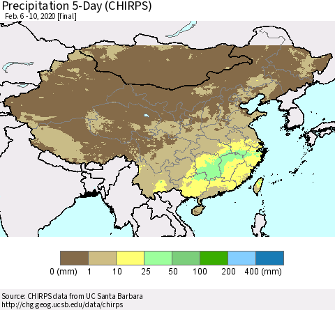China, Mongolia and Taiwan Precipitation 5-Day (CHIRPS) Thematic Map For 2/6/2020 - 2/10/2020