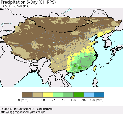 China, Mongolia and Taiwan Precipitation 5-Day (CHIRPS) Thematic Map For 2/11/2020 - 2/15/2020