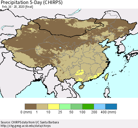 China, Mongolia and Taiwan Precipitation 5-Day (CHIRPS) Thematic Map For 2/16/2020 - 2/20/2020