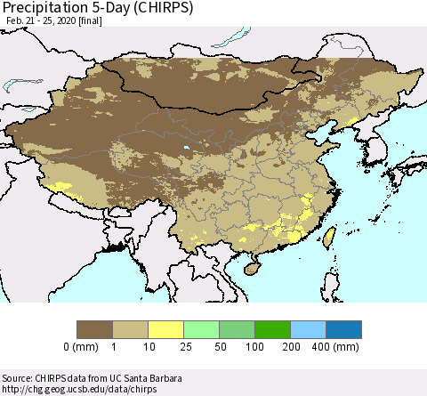 China, Mongolia and Taiwan Precipitation 5-Day (CHIRPS) Thematic Map For 2/21/2020 - 2/25/2020