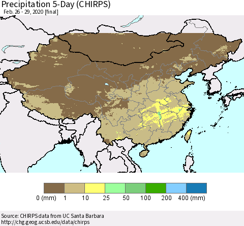 China, Mongolia and Taiwan Precipitation 5-Day (CHIRPS) Thematic Map For 2/26/2020 - 2/29/2020
