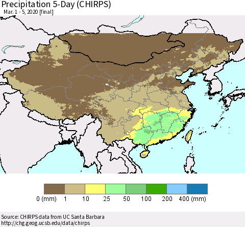 China, Mongolia and Taiwan Precipitation 5-Day (CHIRPS) Thematic Map For 3/1/2020 - 3/5/2020