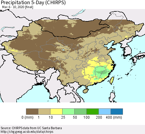 China, Mongolia and Taiwan Precipitation 5-Day (CHIRPS) Thematic Map For 3/6/2020 - 3/10/2020
