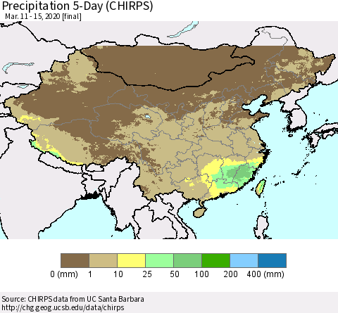 China, Mongolia and Taiwan Precipitation 5-Day (CHIRPS) Thematic Map For 3/11/2020 - 3/15/2020