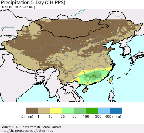 China, Mongolia and Taiwan Precipitation 5-Day (CHIRPS) Thematic Map For 3/16/2020 - 3/20/2020