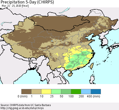 China, Mongolia and Taiwan Precipitation 5-Day (CHIRPS) Thematic Map For 3/21/2020 - 3/25/2020
