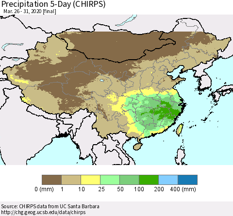 China, Mongolia and Taiwan Precipitation 5-Day (CHIRPS) Thematic Map For 3/26/2020 - 3/31/2020